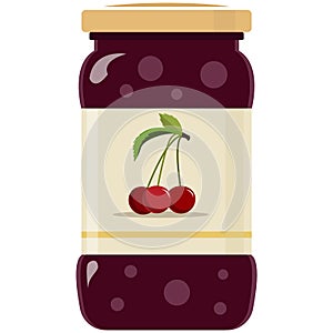 Glass jar of preserved cherry jam flat vector isolated on white