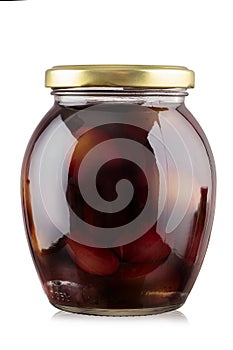 Glass jar of preserved olives on white background. File contains clipping path