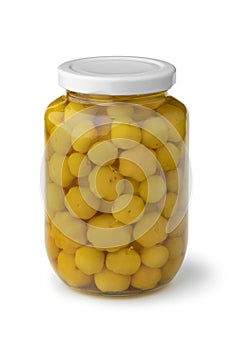 Glass jar with preserved star gooseberry, Mayom, on white background