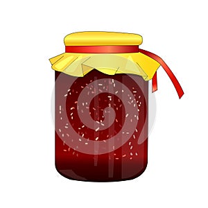 Glass jar with raspberry jam. Jam made from wild berries. Food for tea. Sweet cure for colds. Preparations for winter. Home cannin