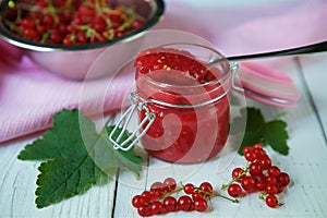 A glass jar of red currant jam