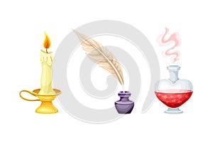 Glass Jar with Red Love Potion, Quill and Burning Candle as Magical Object and Witchcraft Item Vector Set