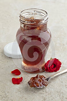 Glass jar with rose petal jam