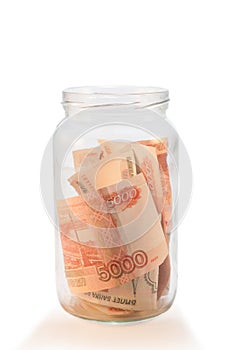 Glass jar with russian money