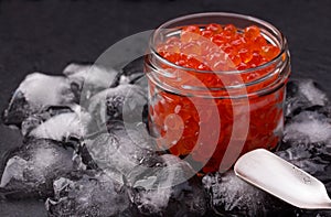 Glass jar with salmon caviar standing in the middle of ice cubes on black slate plate