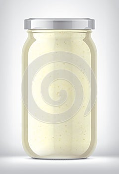 Glass Jar with Sauce on Background.