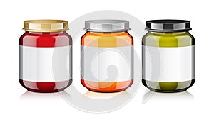 Glass Jar set with white label For Honey, Jam, Jelly or Baby Food Puree Mock Up Template