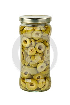Glass jar with sliced green olives