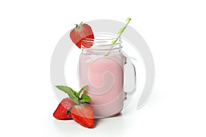 Glass jar of strawberry milkshake and ingredients isolated on white background