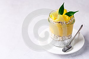 Glass Jar of Tasty Coconut Mango Chia Seed Pudding Healthy or Diet Dessert Vegan Copy space Superfood