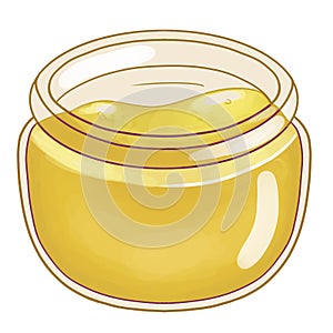 Glass jar of tasty honey.