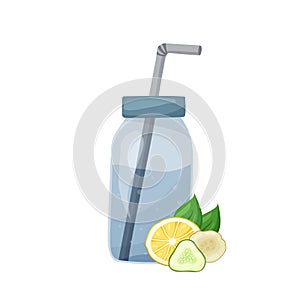 Glass jar with water, lemon, cucumber, ginger, mint on white background. Healthy isolated drink. Flat food vector illustration for