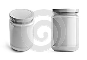 Glass jar with white cap in front and top view isolated on white background.