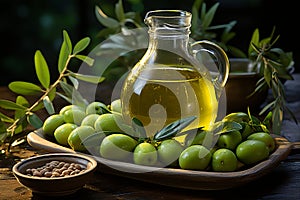 Glass jar with wooden lid, half filled with olive oil and green olives on soft olive background