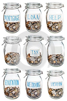 Glass jars with coins for different occasions