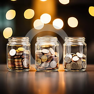 Glass jars with coins. Finance accounting and saving money for business, Business investment, People with money management