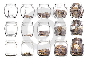 Glass jars with coins like diagram isolated on White Background