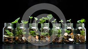 Glass jars with coins and seedlings on black background. Money growing concept