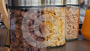 Glass jars collection cereal flakes delightful taste goodness. Cereal flakes hearty oats nutritious muesli breakfast