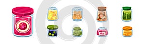 Glass Jars Collection with Different Food Inside Vector Set