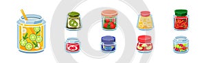 Glass Jars Collection with Different Food Inside Vector Set