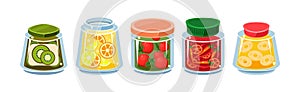 Glass Jars Collection with Different Food Inside Vector Set