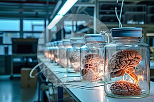 Glass jars contain brains connected to sophisticated system via wires