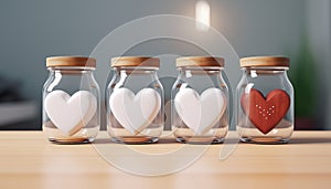 Glass jars with containing white and red hearts. Concept of finding mister right on Valentine\'s Day