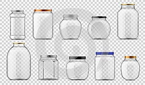 Glass jars. Empty clear containers different sizes with metal and plastic, with screw caps for food canning and storage