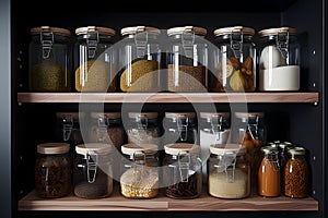 Glass jars with food neatly arranged on the shelves of the kitchen cabine