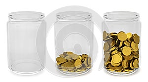 Glass jars with golden coins. Savings concept