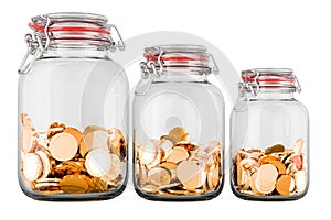 Glass jars with growing amount of gold coins. Savings and profit, concept. 3D rendering