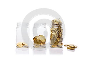 Glass jars with growing amount of gold coins. Savings and wealth