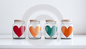 Glass jars with hearts in different colors. Concept of finding mister or misses right on Valentine\'s Day and online dating