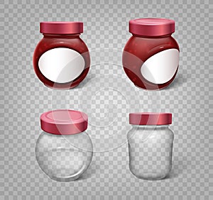 Glass jars with jam and empty mockups isolated with template branding stickers