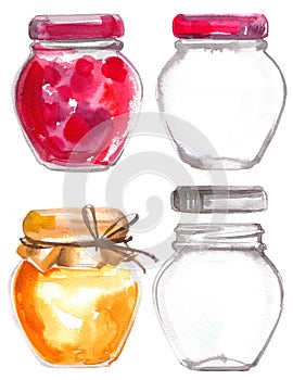 Glass jars with jam painted with watercolors on white background. Sweet harvesting, jam, fruit and sweets.