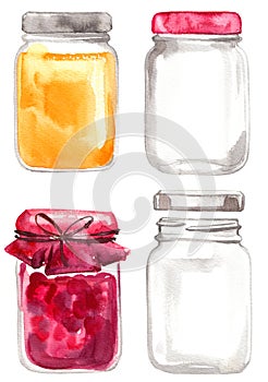 Glass jars with jam painted with watercolors on white background. Sweet harvesting, jam, fruit and sweets.