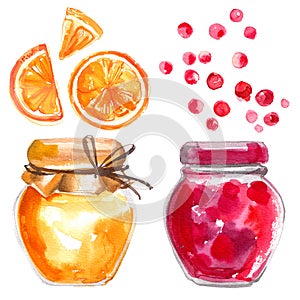 Glass jars with jam painted with watercolors on white background. Sweet harvesting, jam, fruit and sweets.