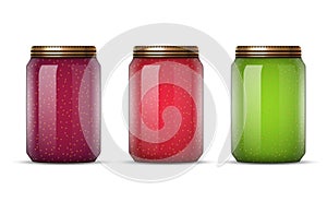 Glass jars with jam vector illustration. Canned food preserve container. Jam dessert in jars
