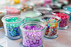 glass jars of nail embellishments on a manicure table photo