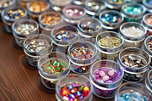 glass jars of nail embellishments on a manicure table photo