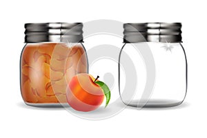 Glass jars with peach jam and empty