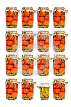 Glass jars with pickled tomatoes and cucumbers. Vitamins, healthy foods and preparations for the winter. Set, collage. Isolated on