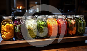 Glass jars with pickled vegetables and fruit. AI generated