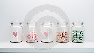 Glass jars with pink hearts and beach pebbles. Concept of finding mister right on Valentine\'s Day and online dating