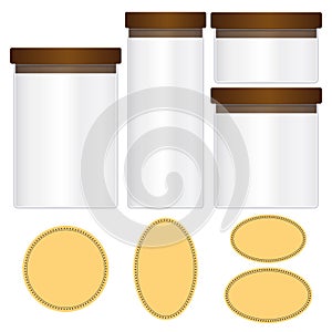 Glass jars set and labels isolated on black background