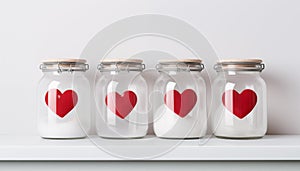 Glass jars with sugar and heart symbols on kitchen cupboard. Concept of cooking with love and Valentine\'s Day