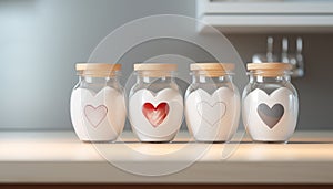 Glass jars with sugar and heart symbols on modern kitchen counter. Concept of cooking with love for romantic dinner