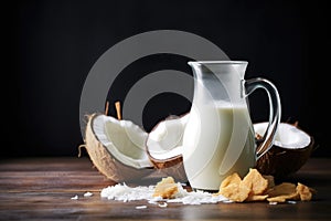 glass jug of coconut milk surrounded by coconut pieces