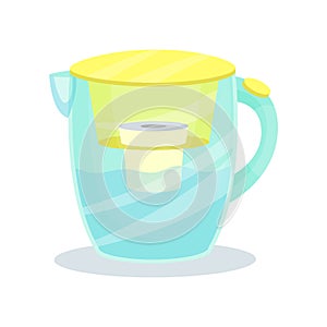 Glass jug with filter cartridge. Water purifier pitcher. Flat vector element for promo poster or banner of household